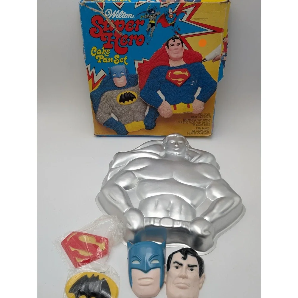 Wilton Batman Superman Super Hero Cake Pan Set Vintage 1977 With Box - Complete